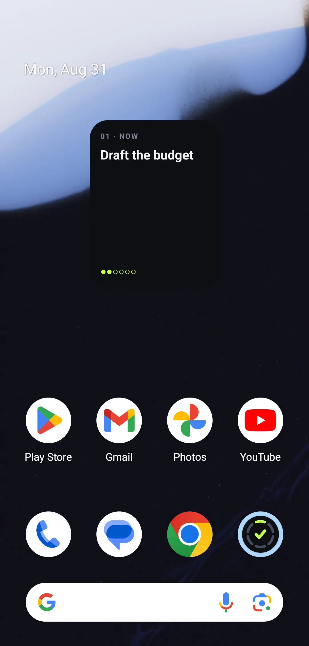 The Ivy Todos widget on a phone home screen, showing the active task and four of six pips unfilled