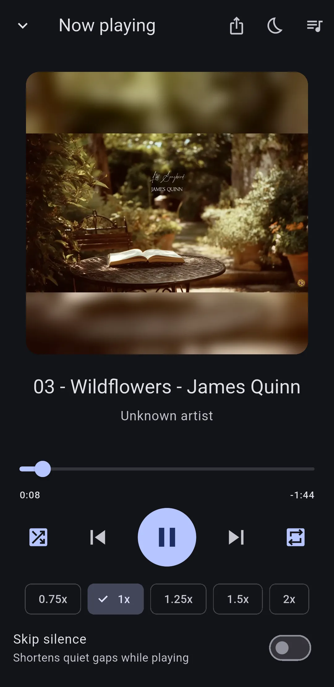 The Opens Audio now playing screen, showing album art, playback speed from 0.75x to 2x, and a skip silence toggle