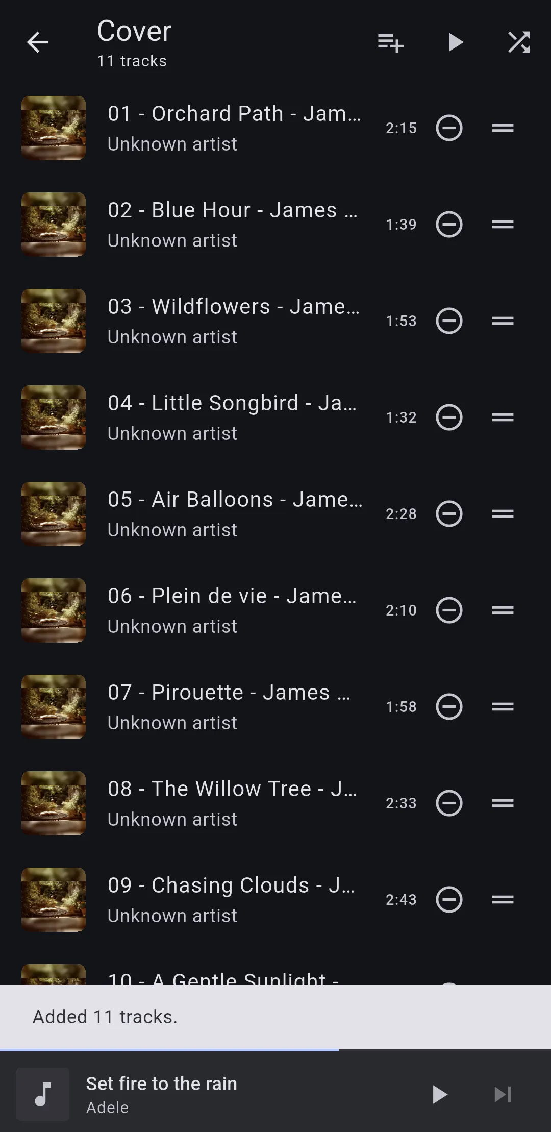 A playlist of eleven tracks, each showing its file name because the files carry no artist tag